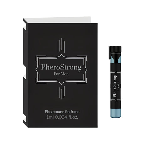 Парфюм с феромони PheroStrong For Men: черна картонена опаковка на мостра от 1 мл и малко стъклено флаконче със синкава течност
