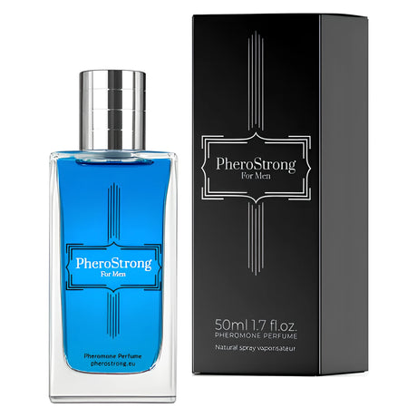 Парфюм с феромони PheroStrong For Men 50 мл: синя стъклена бутилка със сребрист капак до черната си кутия