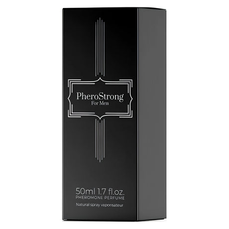 Черна кутия на парфюм с феромони PheroStrong For Men, 50 мл, в страничен ъглов изглед с бели орнаменти и надписи