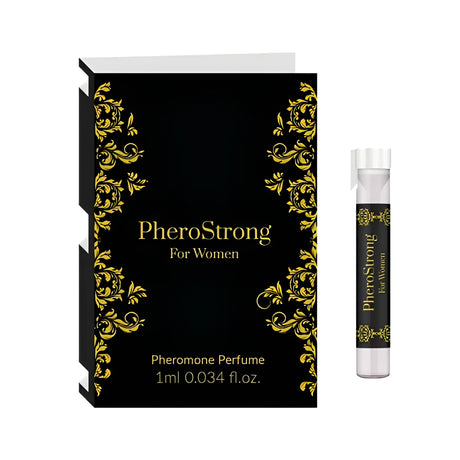 Парфюм с феромони за жени PheroStrong, 1 мл: черна опаковка със златни орнаменти и малко стъклено флаконче с черен етикет до нея