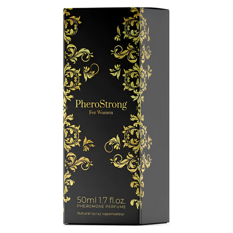 Черна кутия на парфюм с феромони PheroStrong For Women, 50 мл, със златни флорални орнаменти, изглед под ъгъл отпред и отстрани