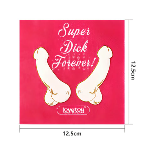 Червена парти салфетка Lovetoy с надпис „Super Dick Forever!“, две стилизирани фигури и размери 12,5 на 12,5 см