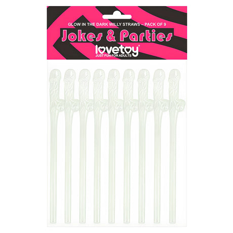 Опаковка Lovetoy Jokes & Parties със 9 бели светещи в тъмното парти сламки с форма на пенис, закачени в розово-черен картон