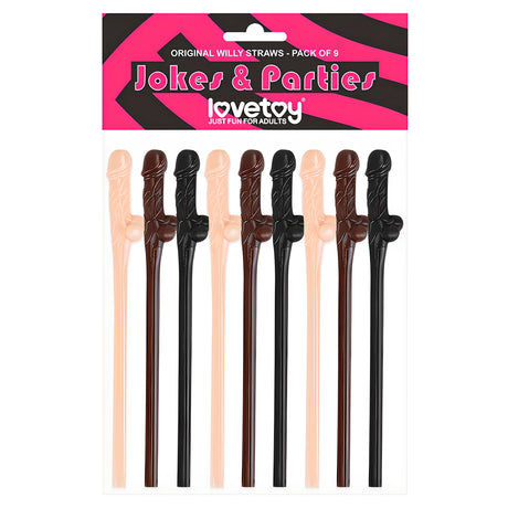Опаковка на парти сламки Lovetoy Jokes & Parties, 9 броя в три цвята: светлобежови, кафяви и черни, с форма на фалос