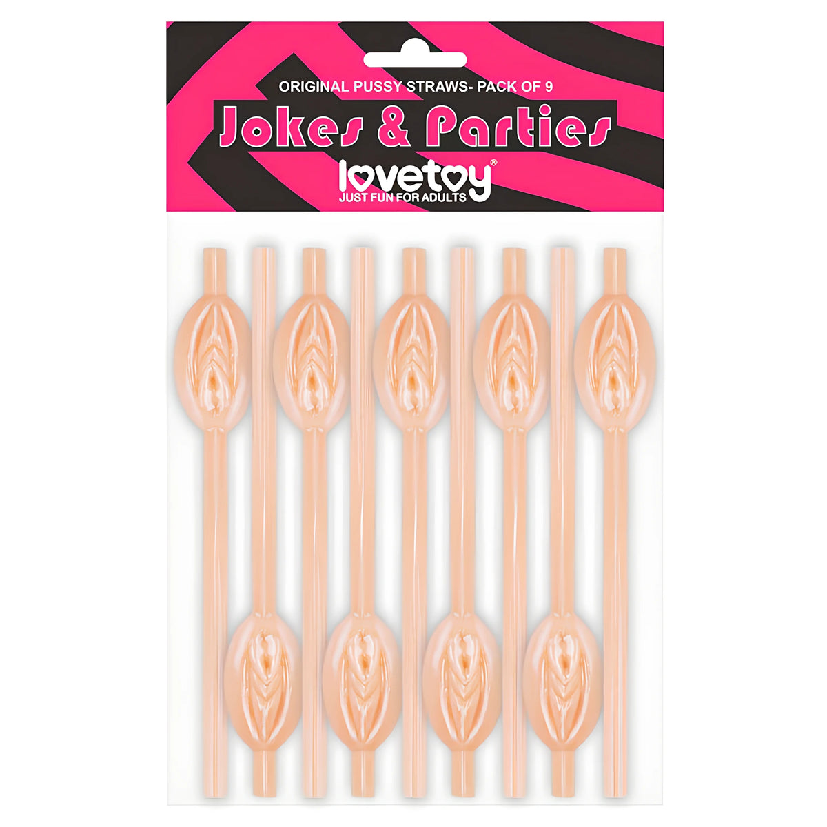 Опаковка Lovetoy Jokes & Parties с 9 телесни парти сламки с форма на вагина, разположени в два реда върху розово-черна картонена табелка