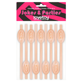 Опаковка Lovetoy Jokes & Parties с 9 телесни парти сламки с форма на вагина, разположени в два реда върху розово-черна картонена табелка