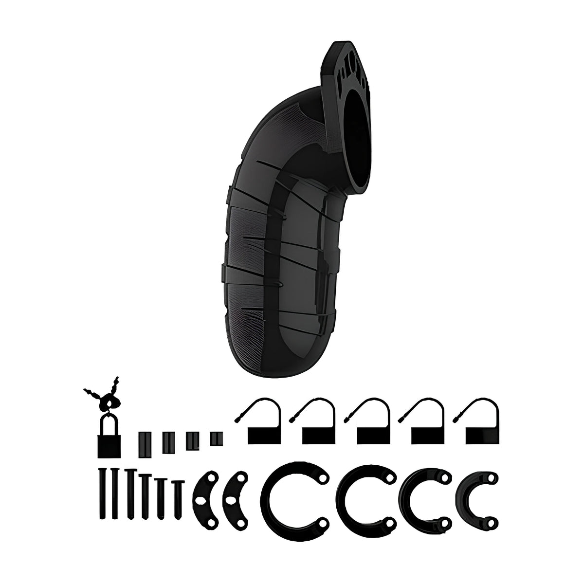 Черна клетка Man Cage 05 с включените в комплекта катинар с ключове, пет пластмасови ключалки, болтове и пръстени в различни размери