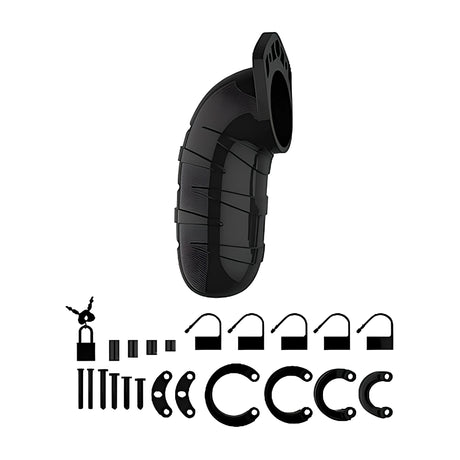 Черна клетка Man Cage 05 с включените в комплекта катинар с ключове, пет пластмасови ключалки, болтове и пръстени в различни размери