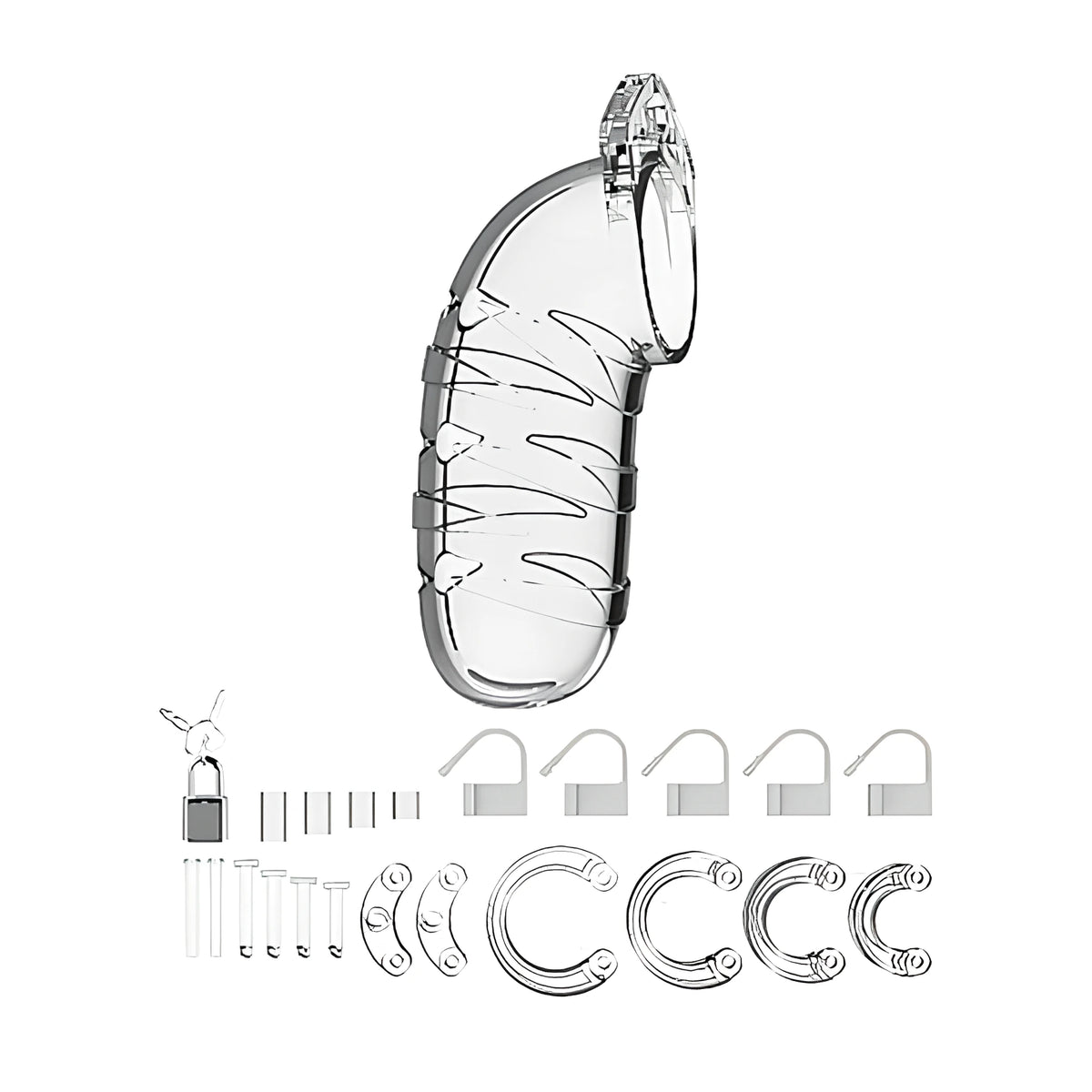 Прозрачна клетка Man Cage 05 с всички включени части: катинар с ключове, пет пластмасови пломби, щифтове и сменяеми пръстени