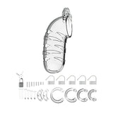 Прозрачна клетка Man Cage 05 с всички включени части: катинар с ключове, пет пластмасови пломби, щифтове и сменяеми пръстени