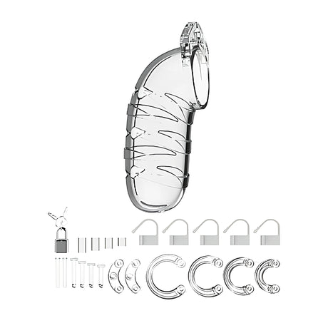 Прозрачна клетка Man Cage 05 с всички включени части: катинар с ключове, пет пластмасови пломби, щифтове и сменяеми пръстени