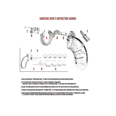 Инструкция за сглобяване на Man Cage 05: схема с частите A–E, пръстени, заключваща пластина и катинар, и четири стъпки