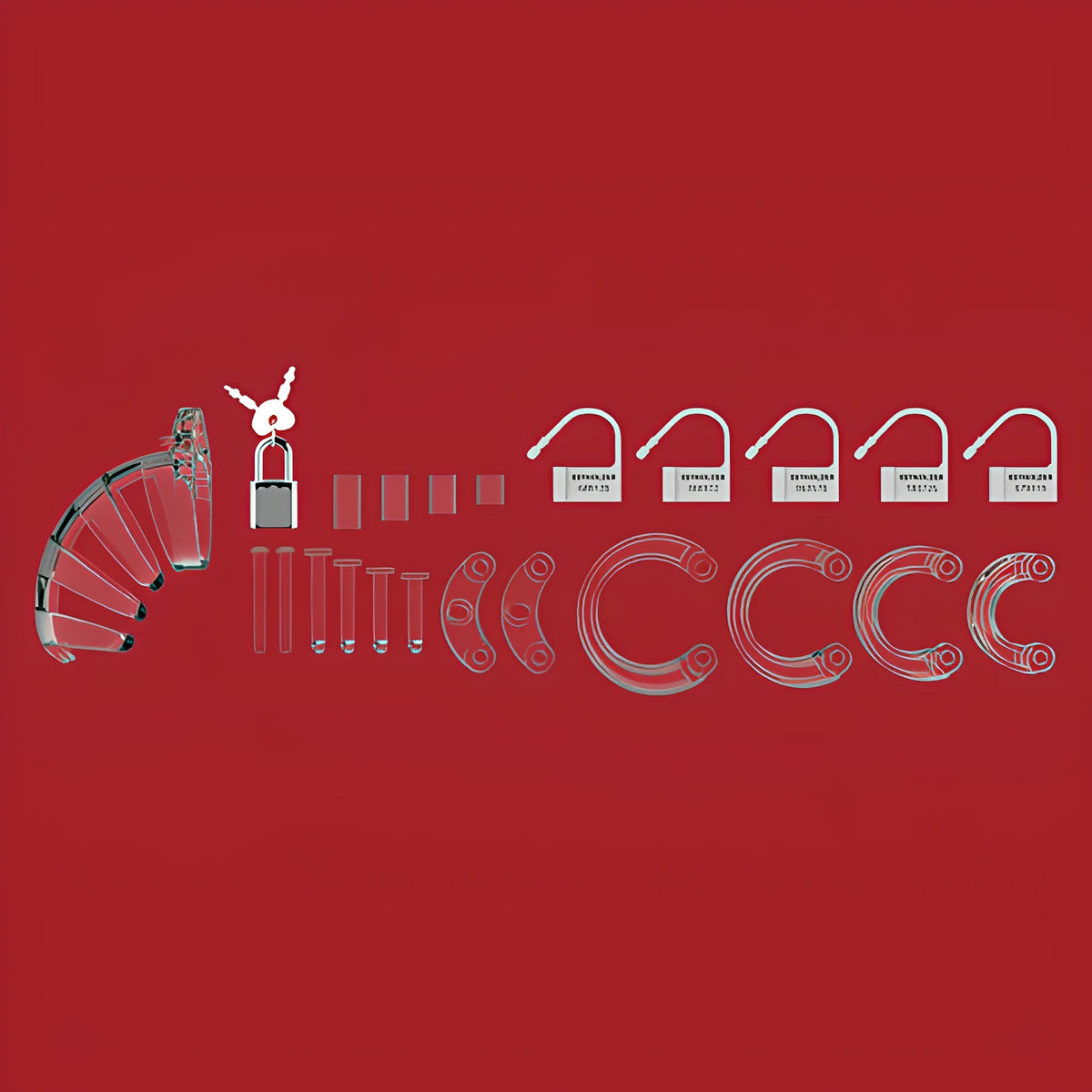 Всички части в комплекта на прозрачната ManCage 02 върху червен фон: клетка, катинар с ключове, пръстени, щифтове и пластмасови пломби