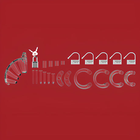 Всички части в комплекта на прозрачната ManCage 02 върху червен фон: клетка, катинар с ключове, пръстени, щифтове и пластмасови пломби