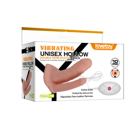 Кутия на Lovetoy Vibrating Unisex Hollow Double Penetrator 6 inch с телесен силиконов накрайник, черен колан и бял контролер с 10 скорости