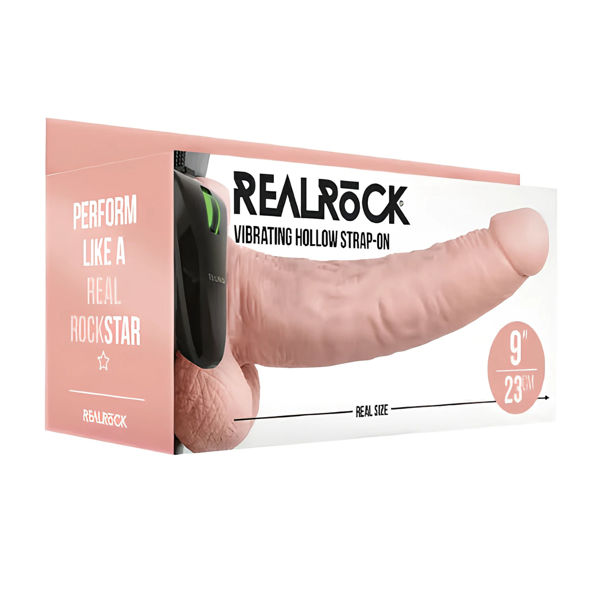 Кутия на RealRock Vibrating Hollow Strap-On, 9" / 23 см, в телесен цвят, с надпис „Perform like a real rockstar“ отстрани