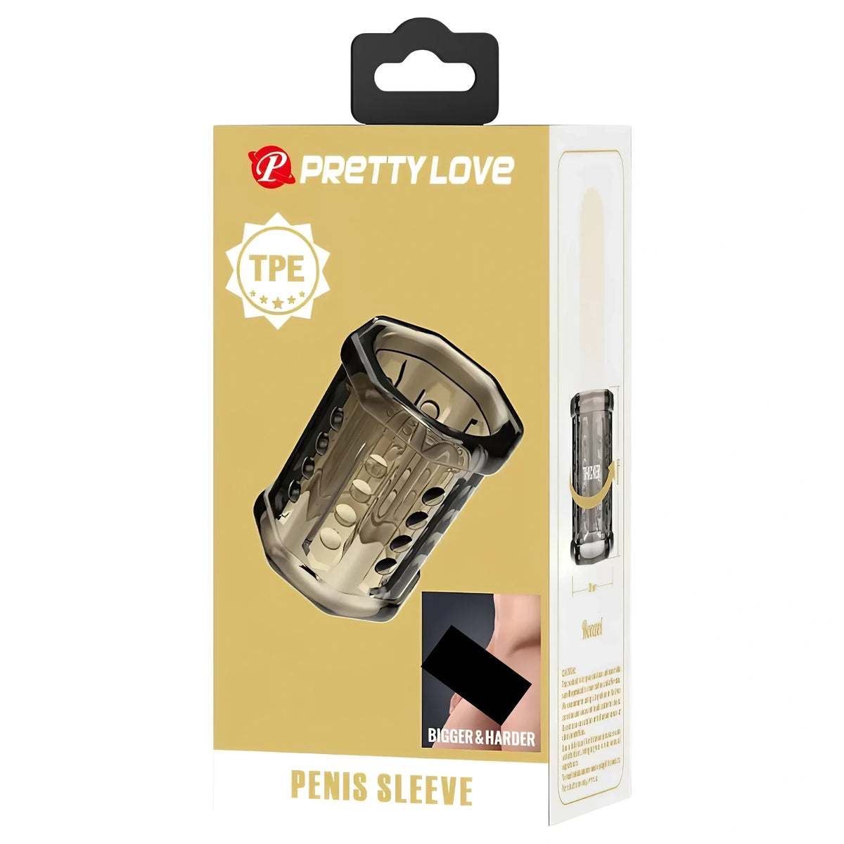 Златиста кутия на Pretty Love с надпис Penis Sleeve, TPE значка и опушен прозрачен маншон с релефни точки на лицевата страна