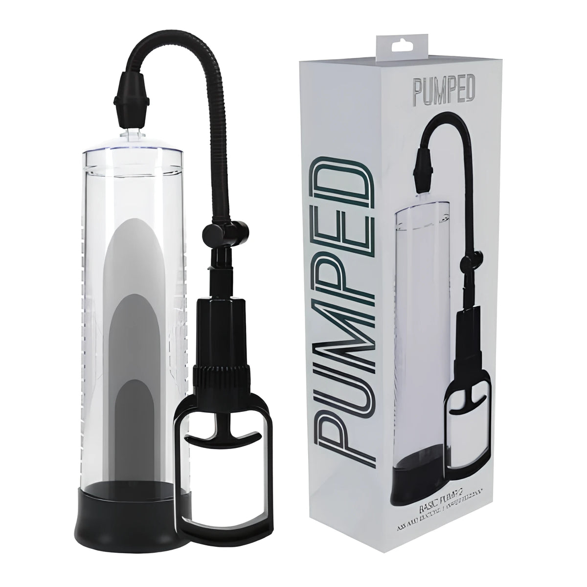 Пенис помпа Basic Pump 2 на Shots с прозрачен цилиндър, черен маркуч и дръжка, до бялата кутия с надпис Pumped
