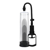 Пенис помпа Basic Pump 2 на Shots: прозрачен цилиндър с черна основа, гъвкав черен маркуч и ръчна дръжка с помпа, изглед отпред