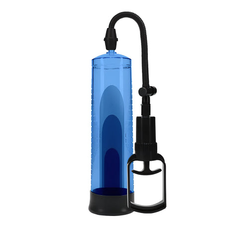 Пенис помпа Basic Pump 2 Blue на Shots: прозрачен син цилиндър с черна основа, гъвкав маркуч и ръчна помпа с дръжка