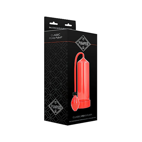 Черна кутия на червена пенис помпа Pumped Classic с гумена круша и маркуч, изглед отстрани и отпред