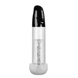 Пенис помпа Smart Luv Pump на Realov – предна гледна точка: прозрачен цилиндър със скала, черна глава с бутони и бяла основа
