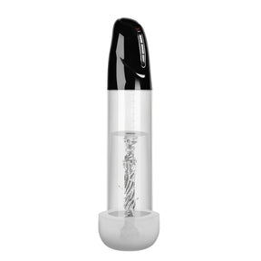 Пенис помпа Smart Luv Pump на Realov – предна гледна точка: прозрачен цилиндър със скала, черна глава с бутони и бяла основа