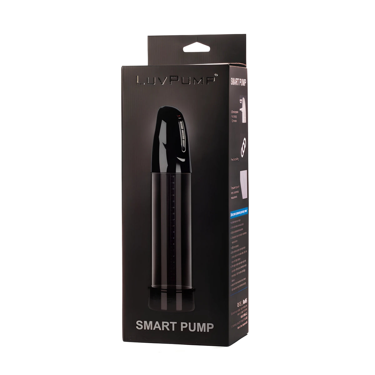 Черна кутия на Smart Luv Pump с надпис LuvPump и Smart Pump, през прозорец се вижда черната помпа; отстрани има икони и указания