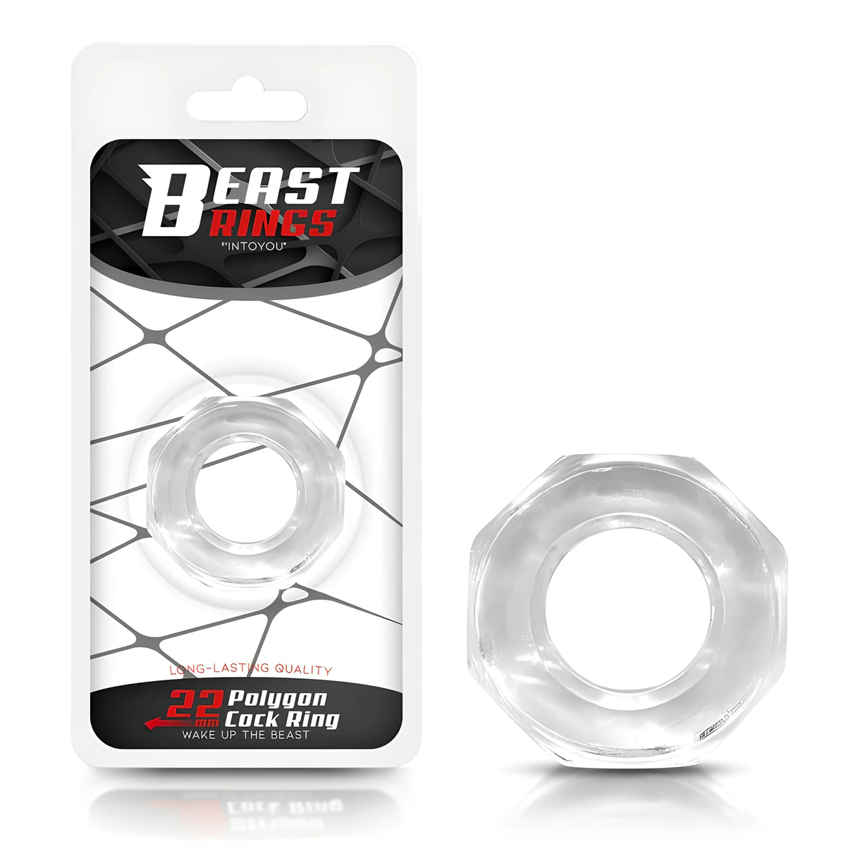 Прозрачен многоъгълен пръстен Beast Rings Polygon 22 mm в опаковка до самия продукт, извън блистера