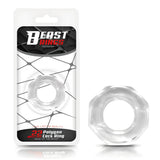 Прозрачен многоъгълен пръстен Beast Rings Polygon 22 mm в опаковка до самия продукт, извън блистера