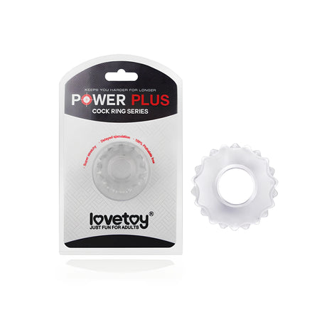 Пенис пръстен Power Plus 5 на Lovetoy: прозрачен пръстен с назъбен ръб до опаковката си от серията Power Plus