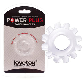 Пенис пръстен Power Plus 6 на Lovetoy – прозрачен зъбчат пръстен до картонената си опаковка от серията Power Plus