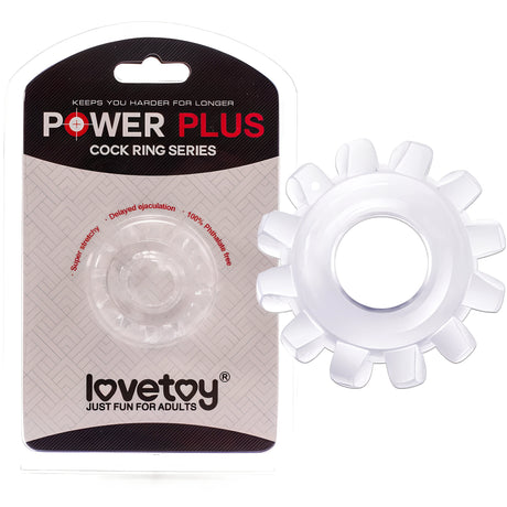 Пенис пръстен Power Plus 6 на Lovetoy – прозрачен зъбчат пръстен до картонената си опаковка от серията Power Plus