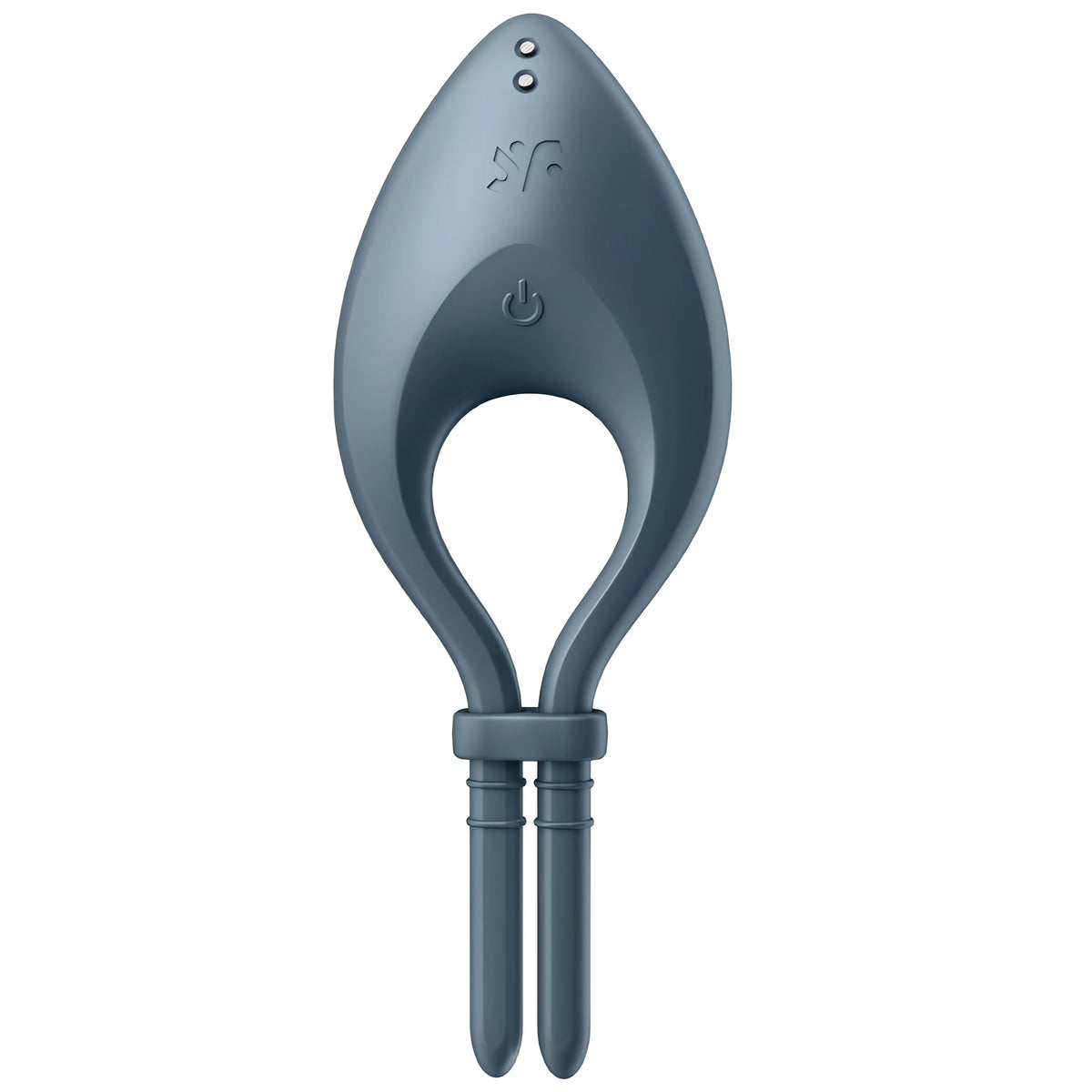 Satisfyer Bullseye в сиво-синьо, изглед отпред: овален корпус с бутон за включване, лого и два регулиращи края в долната част