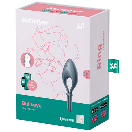 Кутия на Satisfyer Bullseye Ring Vibrator в розово, бяло и зелено, с вибриращия пръстен в сиво-синьо, Bluetooth и безплатно приложение