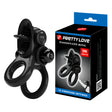 Черен вибриращ пръстен Passionate Ring на Pretty Love до черно-синята си кутия с надпис „10 вибрационни настройки“ и „TPR материал“