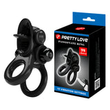 Черен вибриращ пръстен Passionate Ring на Pretty Love до черно-синята си кутия с надпис „10 вибрационни настройки“ и „TPR материал“