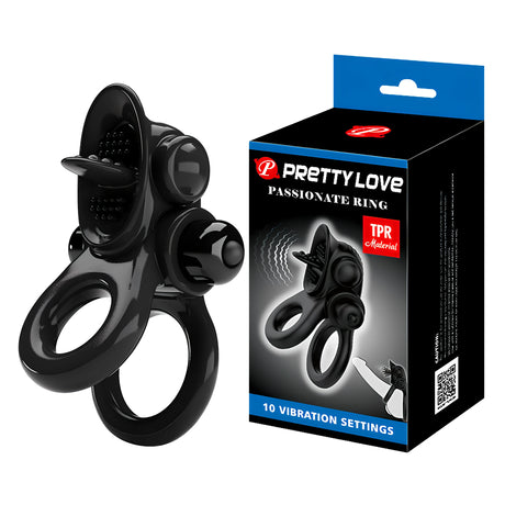 Черен вибриращ пръстен Passionate Ring на Pretty Love до черно-синята си кутия с надпис „10 вибрационни настройки“ и „TPR материал“
