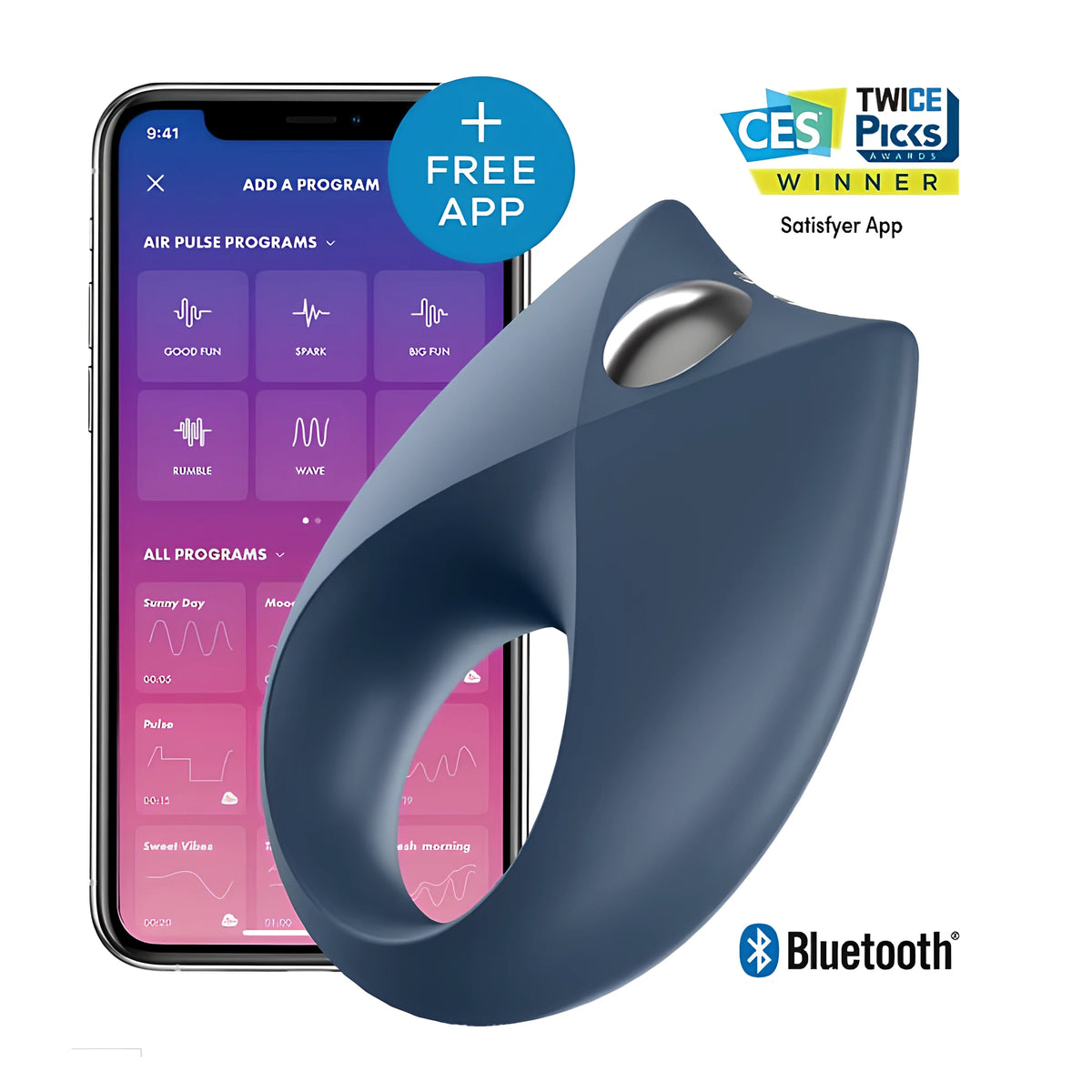 Синият вибриращ пръстен Satisfyer Royal One пред телефон с приложението Satisfyer, с отличие CES TWICE Picks и лого на Bluetooth