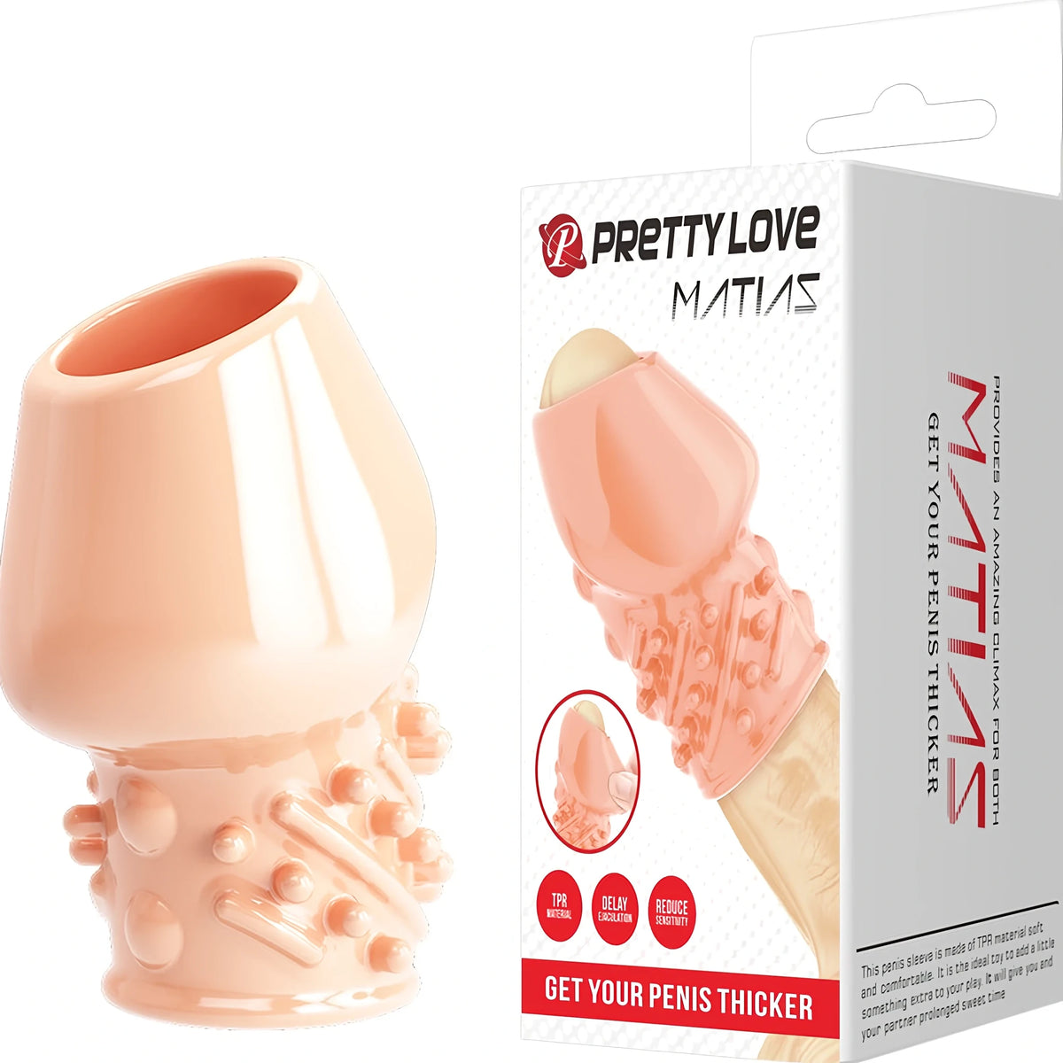 Телесен силиконов удължител Matias на Pretty Love с релефни точки до бялата и червена опаковка с надпис Get your penis thicker