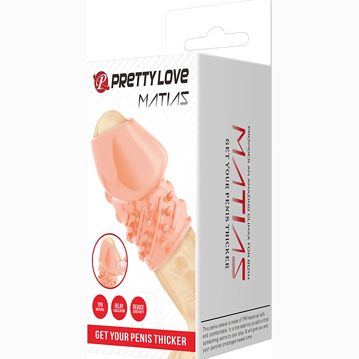 Кутия на удължител Pretty Love Matias с телесен силиконов ръкав и текстури, червен надпис и знаци за TPR материал