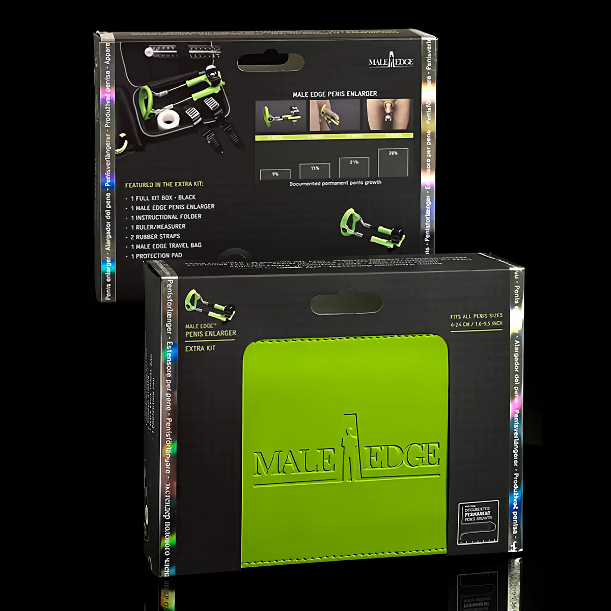 Две кутии на Male Edge Extra Kit: отзад с описание на съдържанието, отпред с лого на зелена обложка и размер 4–24 см