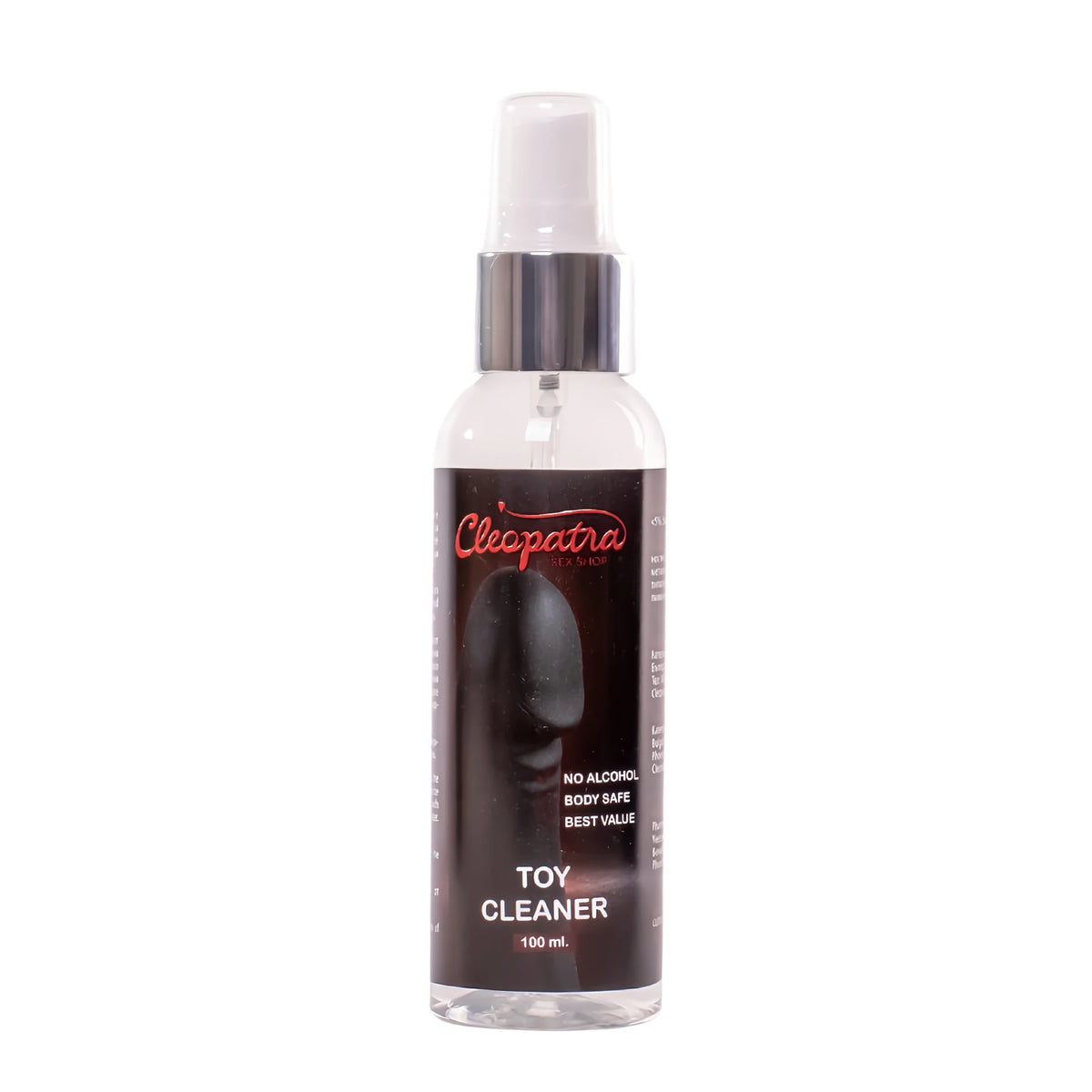 Прозрачна бутилка със спрей Cleopatra Toy Cleaner, 100 мл, с тъмна етикета, сребристо-бяла помпа и надписи „No alcohol, body safe“