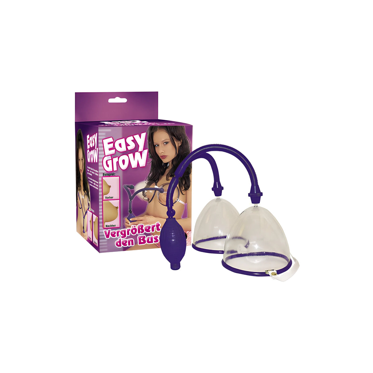 Помпа за гърди Easy Grow с две прозрачни чашки, лилав маркуч и помпа, до лилавата кутия с надпис Easy Grow