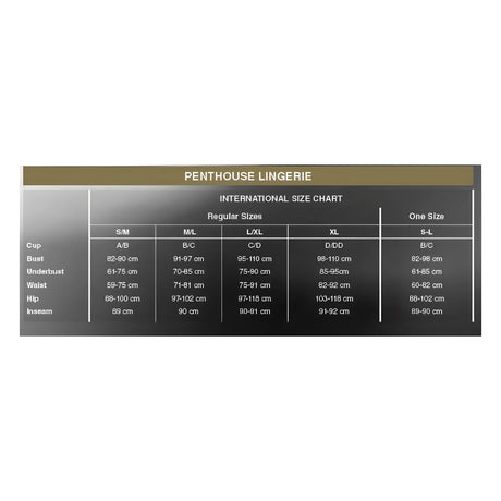 Таблица с размери на Penthouse Lingerie за Прашки Hot Gateway: S/M, M/L, L/XL, XL и един размер S-L с мерки за бюст, талия и ханш в см
