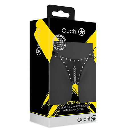 Черна кутия с жълти акценти на Прашки на целомъдрието с верижка Xtreme на Ouch!, с изглед отпред под ъгъл и отпечатан продукт с метални нитове