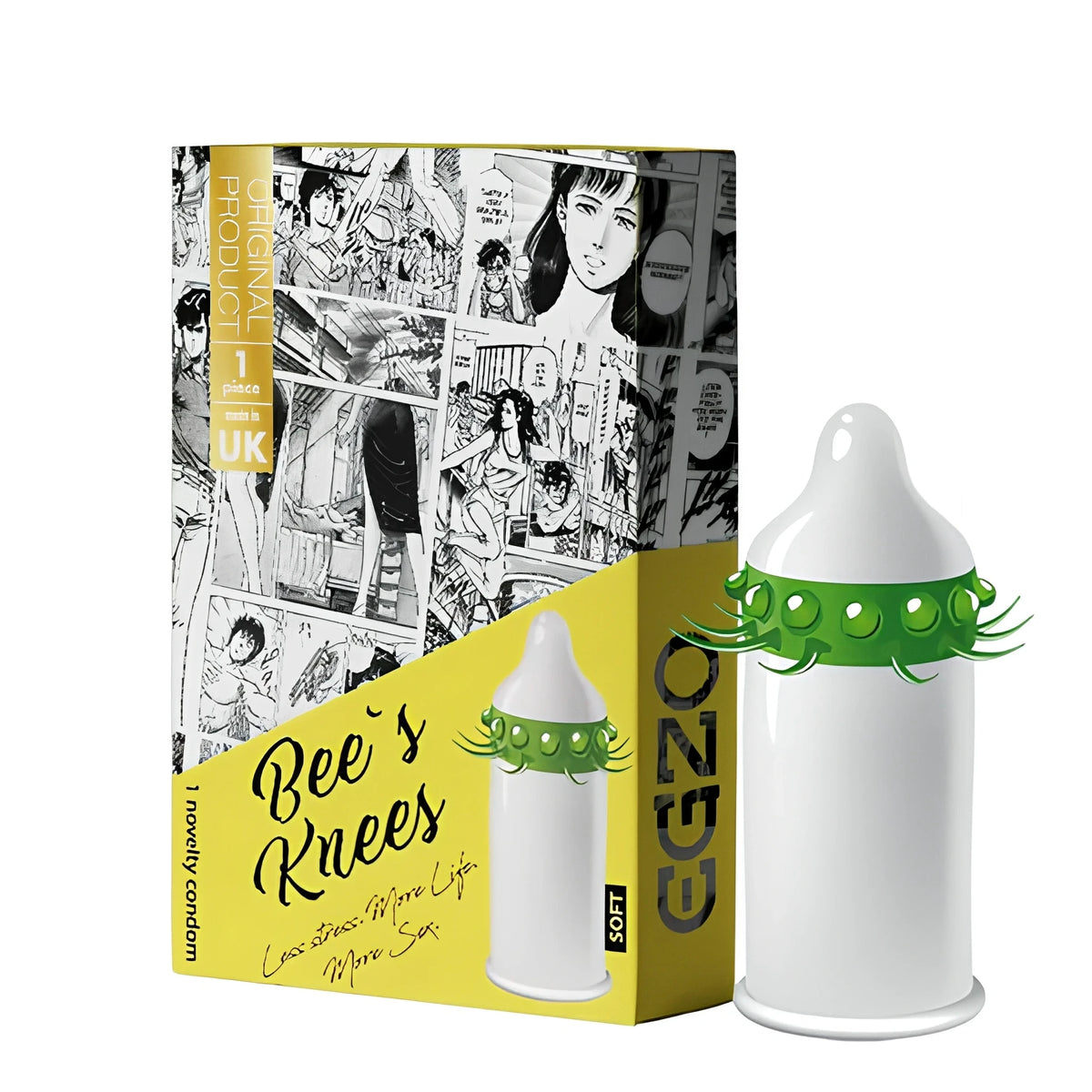 Кутия на презерватив Egzo Bees Knees с комикс дизайн в черно, бяло и жълто и до нея бял презерватив със зелен пръстен с шипове
