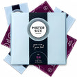 Кутия Mister Size Pure Feel с надпис размер 64 и 36 презерватива, около нея са разпръснати лилави и светлосини пакетчета