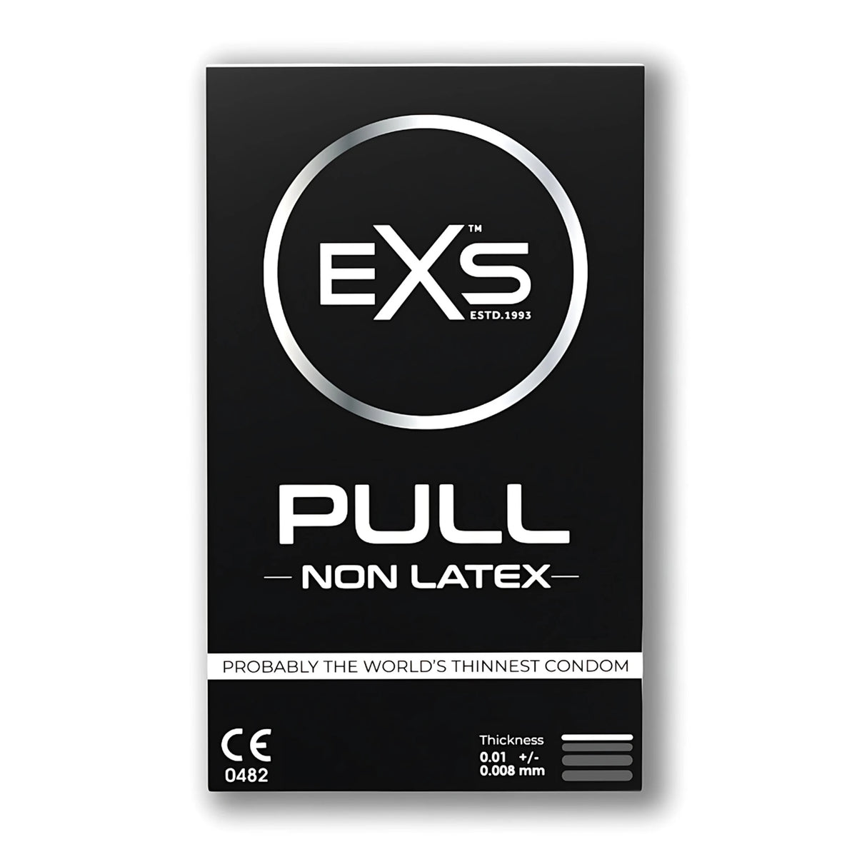 Черна предна опаковка на презервативи без латекс EXS Pull, 3 бр., с лого EXS в кръг и надпис „Probably the world's thinnest condom“