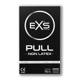 Черна предна опаковка на презервативи без латекс EXS Pull, 3 бр., с лого EXS в кръг и надпис „Probably the world's thinnest condom“